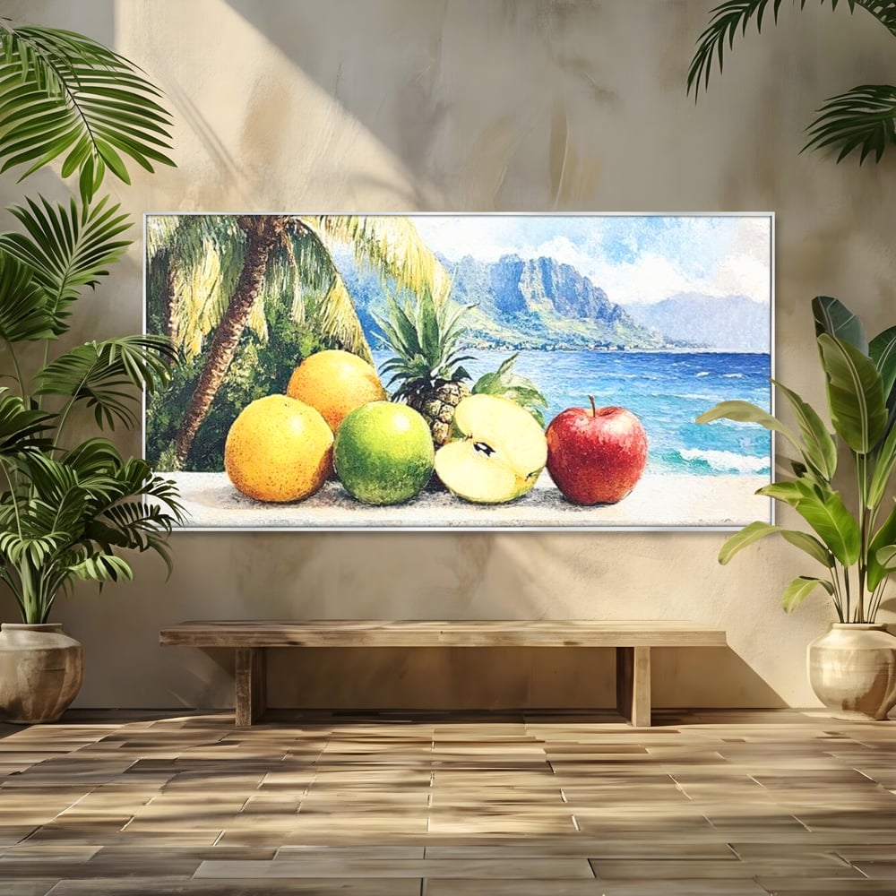 Tablou canvas cu natura moarta cu fructe tropicale si ocean, in rama de aluminiu argintiu